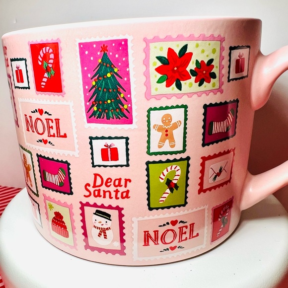 Festive Pink Holiday Mug with Christmas Stamps Dear Santa Snowman Noel Stocking - Picture 6 of 14